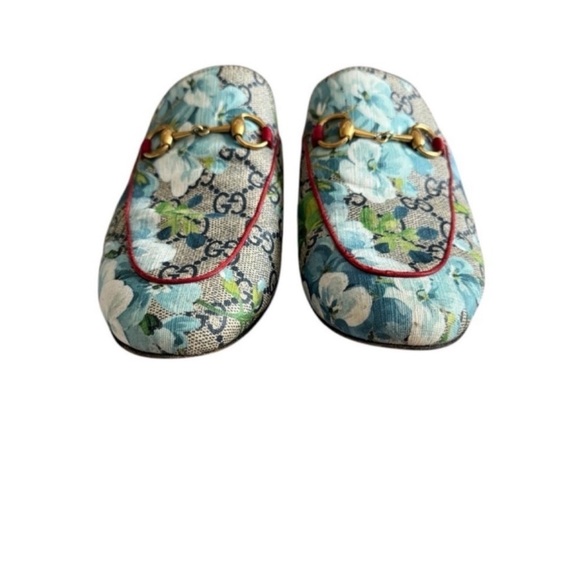 GUCCI Supreme Monogram Blooms Princetown Slippers 40 Beige Blue Navy Hibiscus - Picture 5 of 16